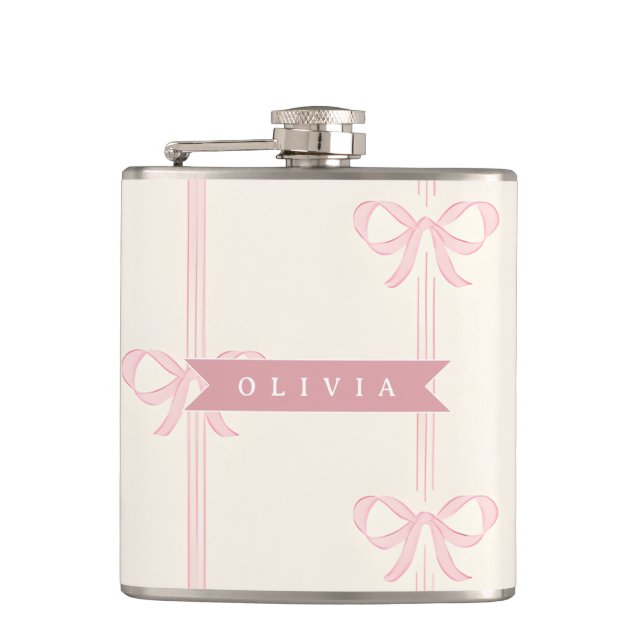 Personalised Pink Bow Name Gift Elegant Coquette Hip Flask (Front)