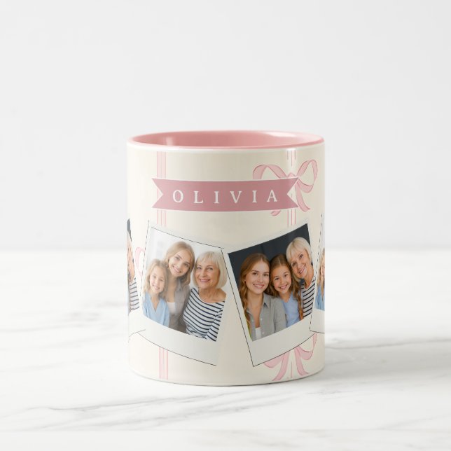 Personalised Pink Bow Name Gift Elegant Coquette Two-Tone Coffee Mug (Center)