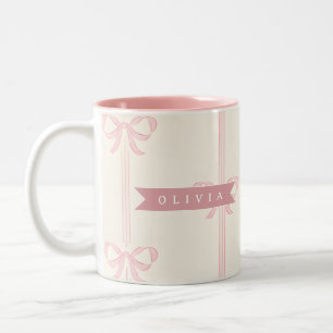 Personalised Pink Bow Name Gift Elegant Coquette Two-Tone Coffee Mug