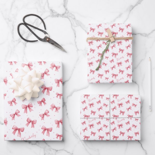 Personalised Pink Bow Name Wrapping Paper Sheet (Front)