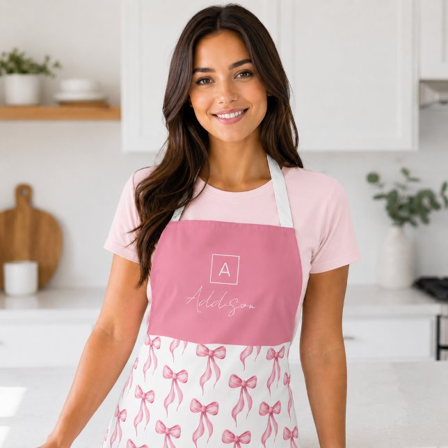 Personalised Pink Bow Pattern Monogram Apron (Creator Uploaded)