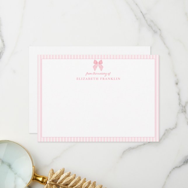 Personalised Pink Bow Stripe Baby Girl Stationery Thank You Card (Front/Back In Situ)