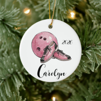 Personalised Pink Bowling Christmas  Ceramic Ornament