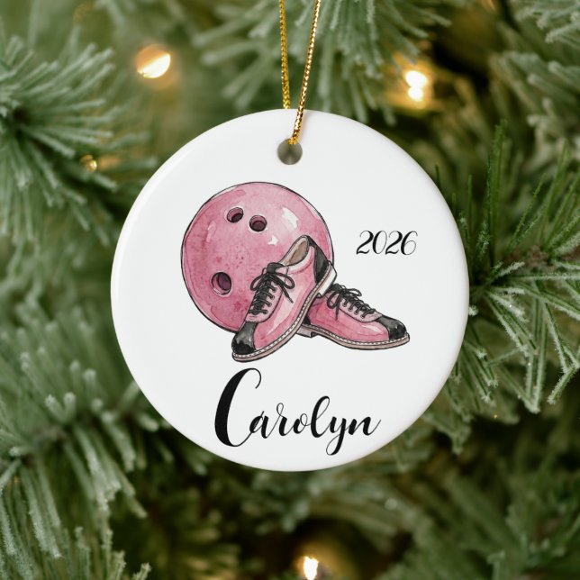 Personalised Pink Bowling Christmas  Ceramic Ornament (Tree)