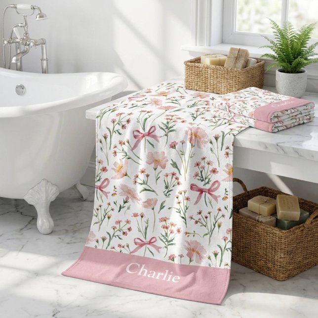 Personalised Pink Bows and Flowers Bath Towel (Creator Uploaded)