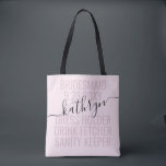 Personalised Pink Bridesmaid Name Custom Tote Bag<br><div class="desc">Personalised Pink and Black Bridesmaid Name Custom Tote Bag with editable text and wording for your date,  destination or location,  name,  and fun quote like "dress holder,  drink fetcher,  sanity keeper" makes a fun and useful keepsake for all your bridesmaids.</div>