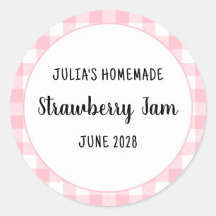 Personalised Pink Buffalo Plaid Strawberry Jam Classic Round Sticker