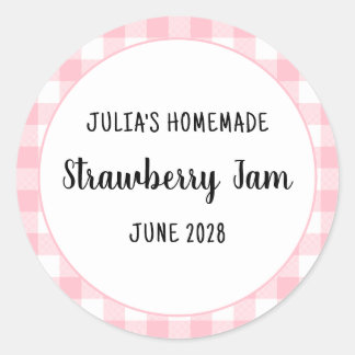 Personalised Pink Buffalo Plaid Strawberry Jam Classic Round Sticker