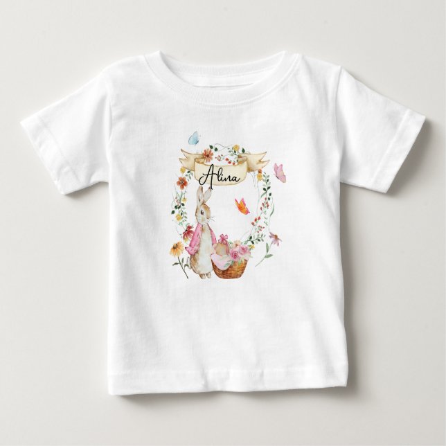 Personalised Pink Bunny Easter Watercolor Baby T-Shirt (Front)