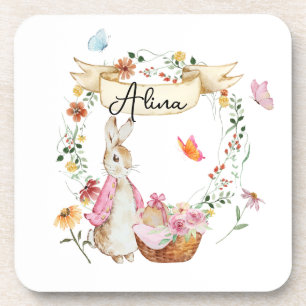 Personalised Pink Bunny Easter Watercolor Coaster