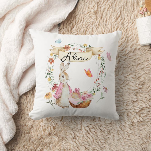 Personalised Pink Bunny Easter Watercolor  Cushion (Blanket)