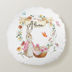 Personalised Pink Bunny Easter Watercolor Round Cushion