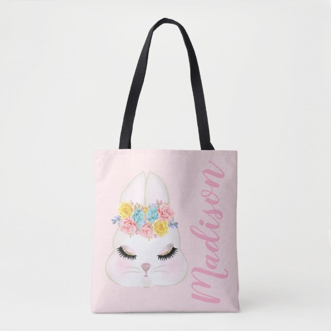 Personalised Pink Bunny Face Floral Tote Bag (Front)