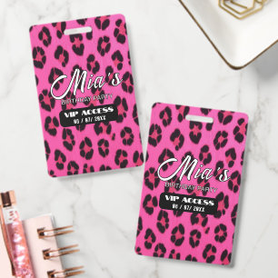 Personalised Pink Cheetah VIP Birthday Party Pass  ID Badge