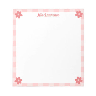 Personalised Pink Chequered Border Retro Flowers  Notepad