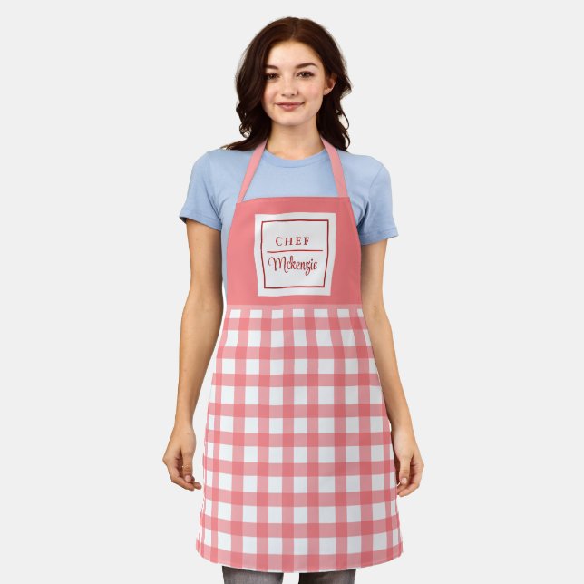 Personalised Pink Chequered Women's Apron (Worn)