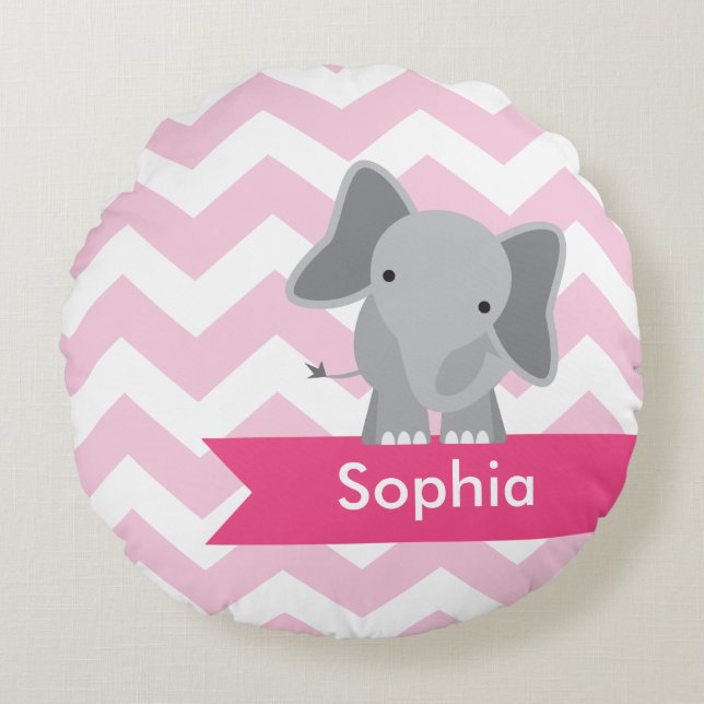 Personalised Pink Chevron Elephant Round Cushion (Front)