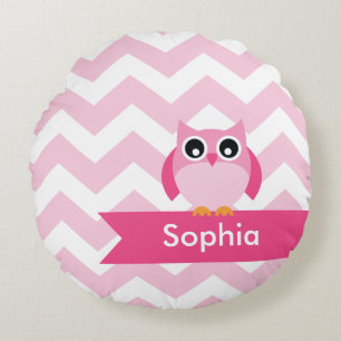 Personalised Pink Chevron Owl Round Cushion