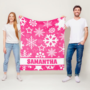 Personalised Pink Christmas Snowflakes Kids Name Fleece Blanket