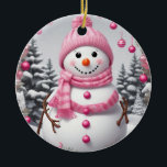 Personalised Pink Christmas Snowman Ceramic Ornament<br><div class="desc">Personalised Pink Christmas Snowman</div>