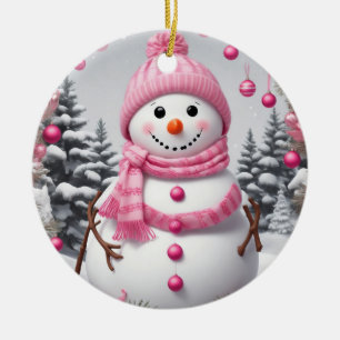 Personalised Pink Christmas Snowman Ceramic Ornament