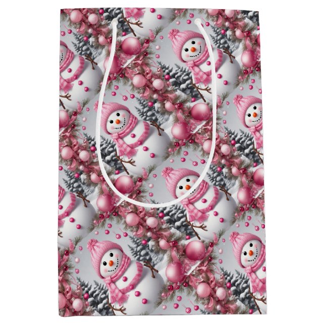 Personalised Pink Christmas Snowman Medium Gift Bag (Front)