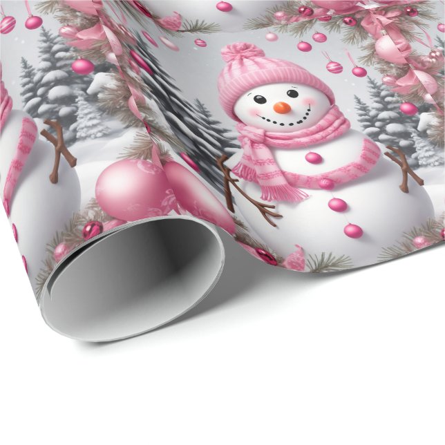 Personalised Pink Christmas Snowman Wrapping Paper (Roll Corner)