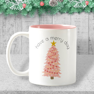 Personalised Pink Christmas Tree Have A Merry Day Two-Tone Coffee Mug