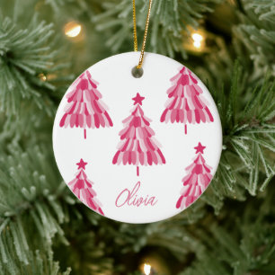 Personalised Pink Christmas Tree Name Ceramic Ornament
