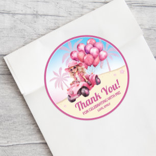 Personalised Pink Convertible Beach Birthday Classic Round Sticker