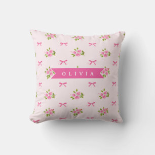 Personalised Pink Coquette Girly Bow Floral Name Cushion