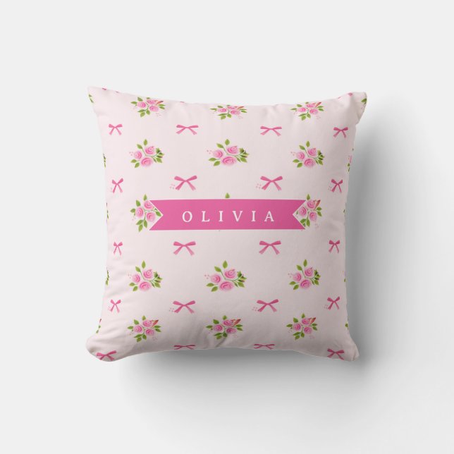 Personalised Pink Coquette Girly Bow Floral Name Cushion (Front)