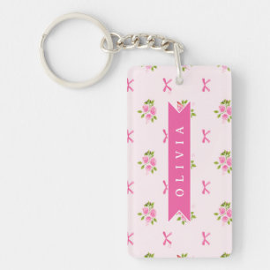 Personalised Pink Coquette Girly Bow Floral Name Key Ring