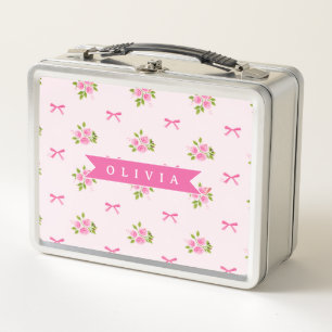 Personalised Pink Coquette Girly Bow Floral Name Metal Lunch Box