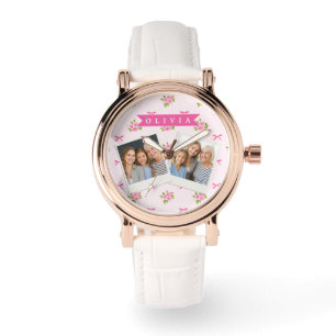 Personalised Pink Coquette Girly Bow Floral Name Watch