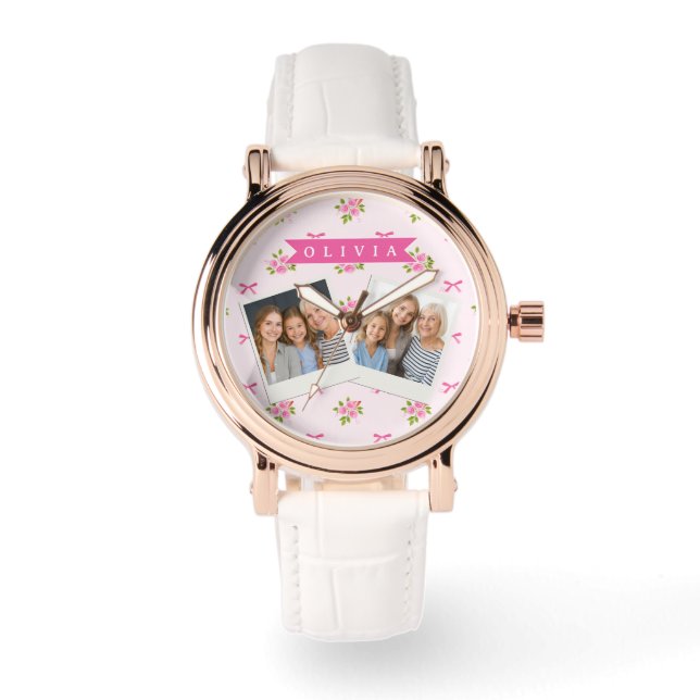 Personalised Pink Coquette Girly Bow Floral Name Watch (Front)