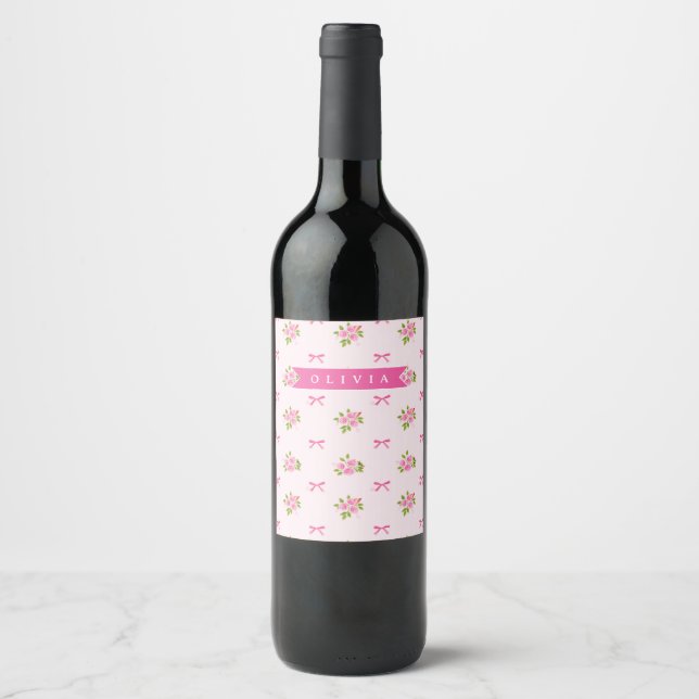 Personalised Pink Coquette Girly Bow Floral Name Wine Label (Front)