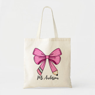Personalised Pink Coquette Pencil Bow Tote Bag