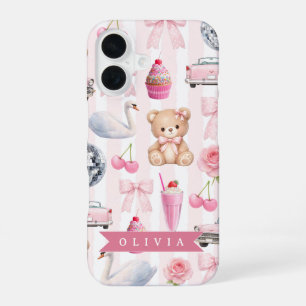Personalised Pink Coquette Retro Cute Teddy Bear iPhone 16 Case