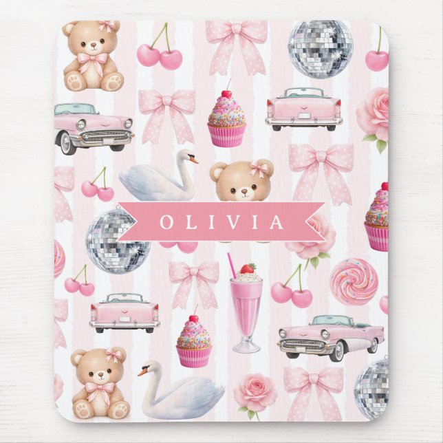 Personalised Pink Coquette Retro Cute Teddy Bear  Mouse Pad (Front)