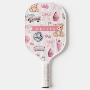 Personalised Pink Coquette Retro Cute Teddy Bear Pickleball Paddle