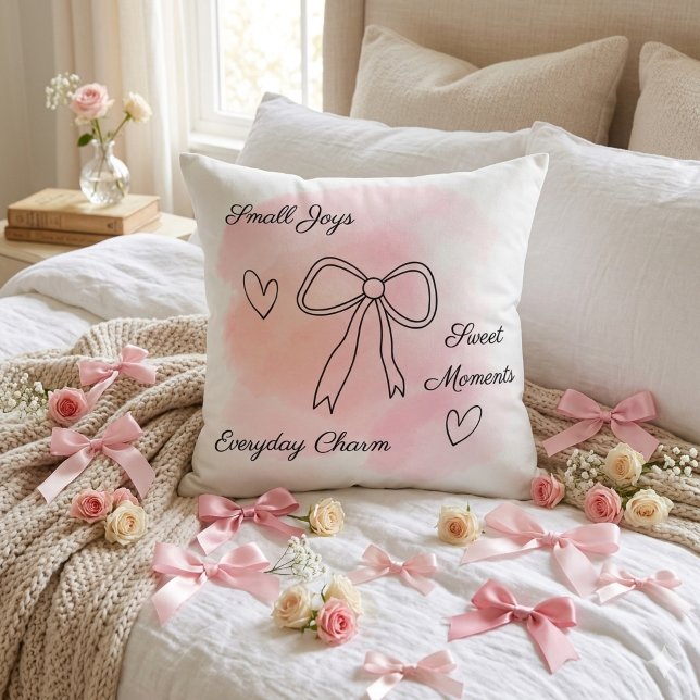 Personalised Pink Coquette Watercolor Throw Pillow (Aesthetic pink watercolor coquette throw pillow with line art bow, hearts and a customizable text.)