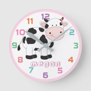 Personalised Pink Cow Colourful Kids Wall Clock