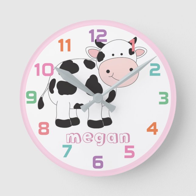 Personalised Pink Cow Colourful Kids Wall Clock (Front)