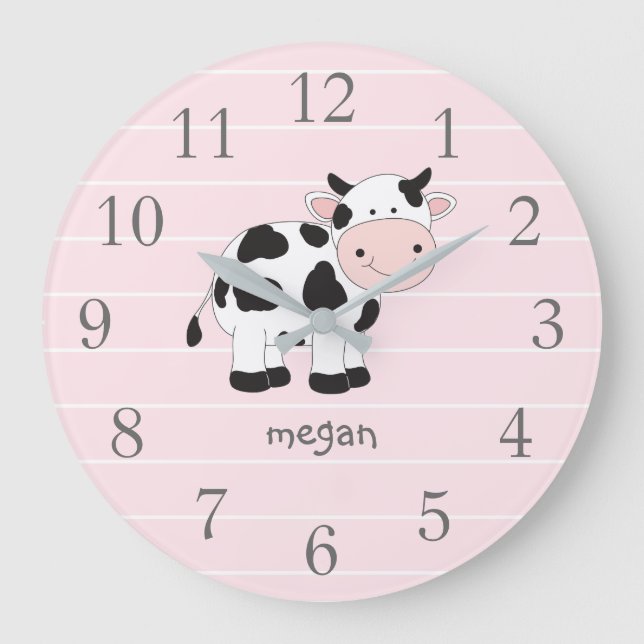 Personalised Pink Cow Nursery Wall Clock (Front)