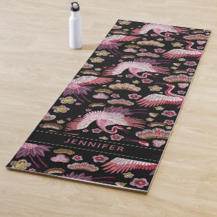 Personalised Pink Crane Birds And Flower Pattern Yoga Mat