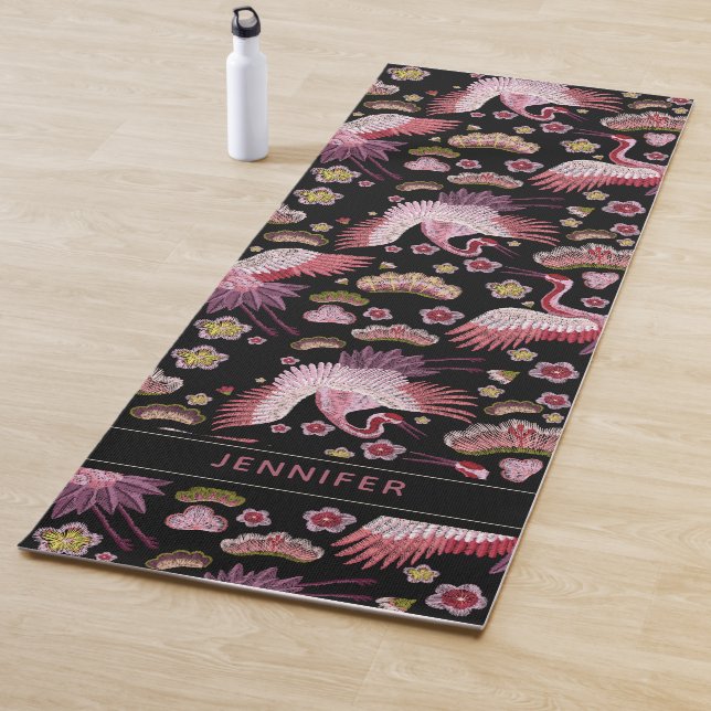 Personalised Pink Crane Birds And Flower Pattern Yoga Mat (In Situ)
