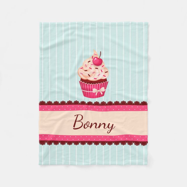 Personalised Pink Cupcake Mint Blue Background Fleece Blanket (Front)