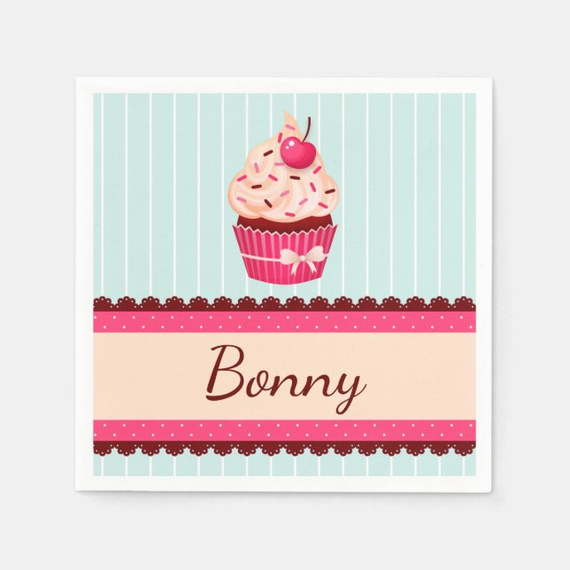 Personalised Pink Cupcake Mint Blue Background Napkin (Front)