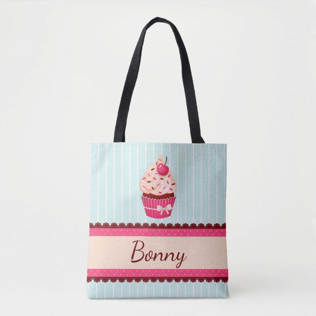 Personalised Pink Cupcake Mint Blue Background Tote Bag (Front)